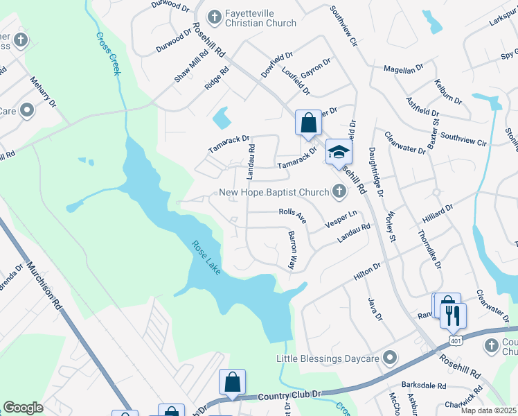 map of restaurants, bars, coffee shops, grocery stores, and more near 3585 Torbay Drive in Fayetteville