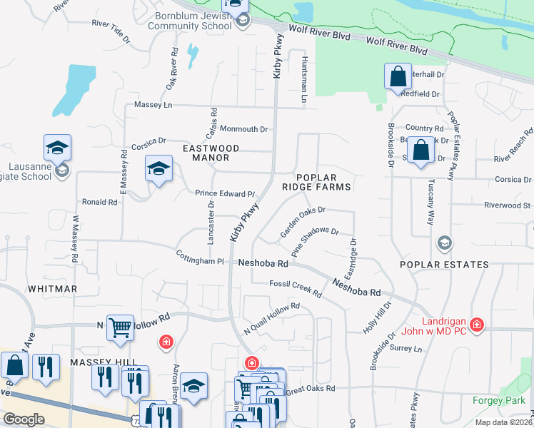 map of restaurants, bars, coffee shops, grocery stores, and more near 1403 Poplar Ridge Drive in Memphis