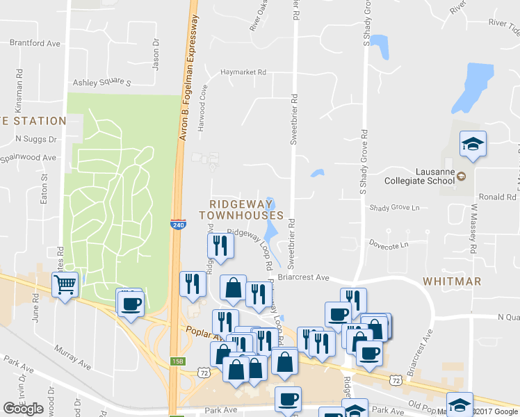 map of restaurants, bars, coffee shops, grocery stores, and more near 751 Eventide Drive in Memphis