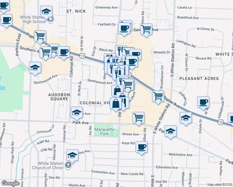 map of restaurants, bars, coffee shops, grocery stores, and more near 757 Mount Moriah Road in Memphis