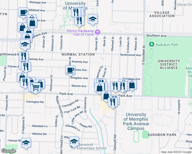map of restaurants, bars, coffee shops, grocery stores, and more near 763 Normal Circle in Memphis