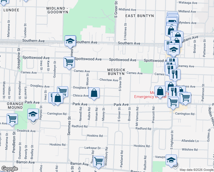 map of restaurants, bars, coffee shops, grocery stores, and more near 3175 Choctaw Avenue in Memphis