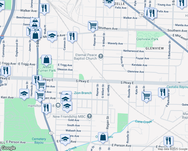 map of restaurants, bars, coffee shops, grocery stores, and more near 1546 South Parkway East in Memphis