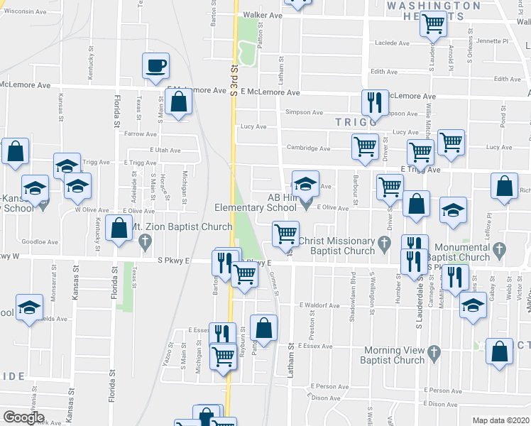 map of restaurants, bars, coffee shops, grocery stores, and more near 1356 Rayburn Street in Memphis