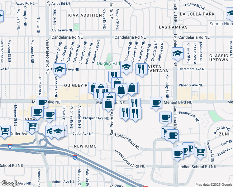 map of restaurants, bars, coffee shops, grocery stores, and more near 6001 Menaul Boulevard Northeast in Albuquerque