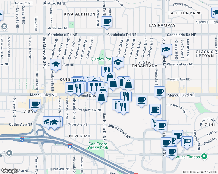 map of restaurants, bars, coffee shops, grocery stores, and more near 2699 Arizona Street Northeast in Albuquerque