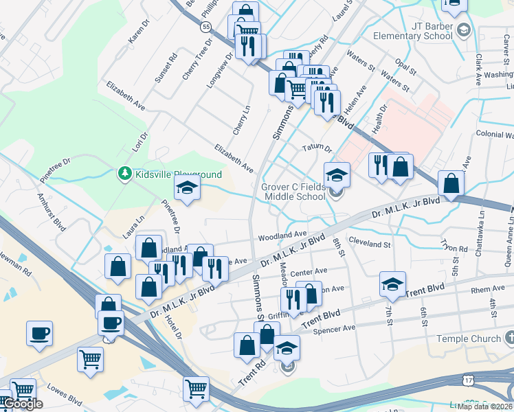 map of restaurants, bars, coffee shops, grocery stores, and more near 902 Simmons Street in New Bern