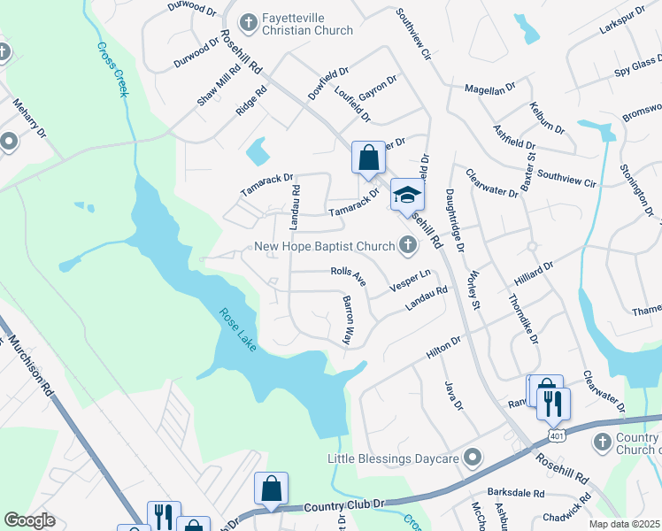 map of restaurants, bars, coffee shops, grocery stores, and more near 3538 Rolls Avenue in Fayetteville