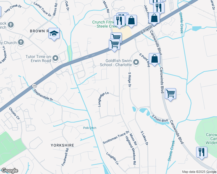 map of restaurants, bars, coffee shops, grocery stores, and more near 13501 Duckett Court in Charlotte