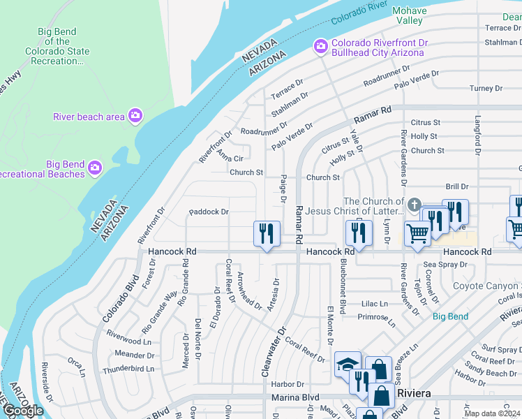 map of restaurants, bars, coffee shops, grocery stores, and more near 1670 Greenfield Drive in Bullhead City