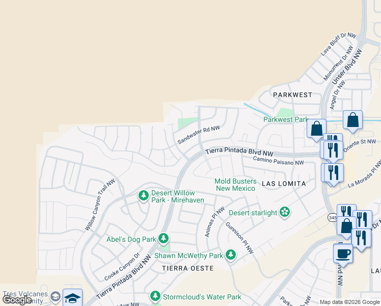 map of restaurants, bars, coffee shops, grocery stores, and more near 8909 Warm Springs Road Northwest in Albuquerque