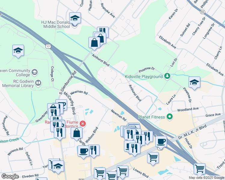 map of restaurants, bars, coffee shops, grocery stores, and more near 2012 Pinetree Drive in New Bern