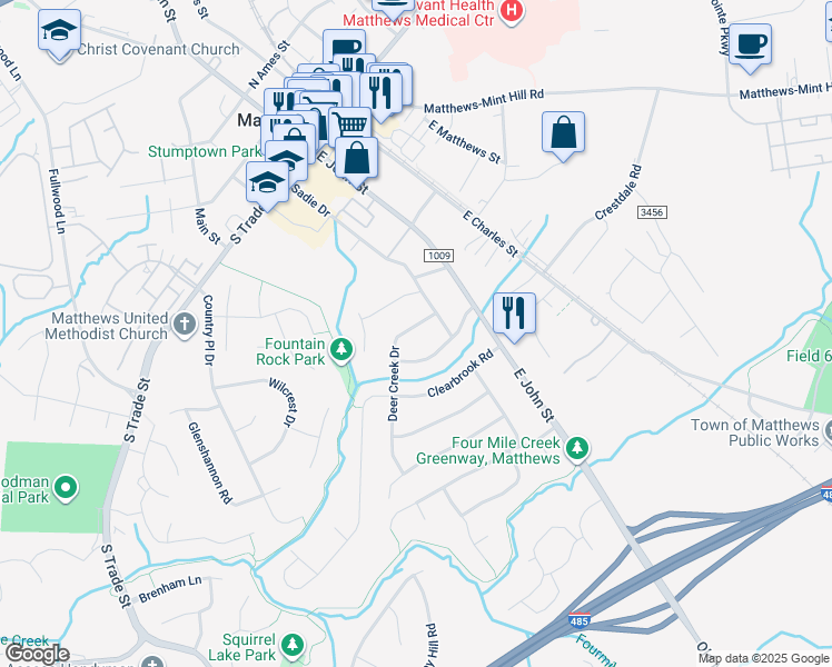 map of restaurants, bars, coffee shops, grocery stores, and more near 225 Deer Creek Drive in Matthews