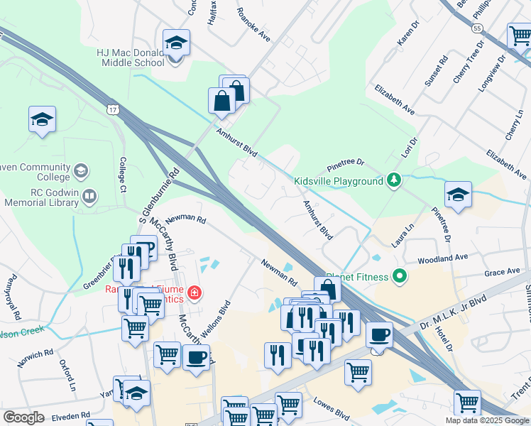map of restaurants, bars, coffee shops, grocery stores, and more near 2012 Pinetree Drive in New Bern