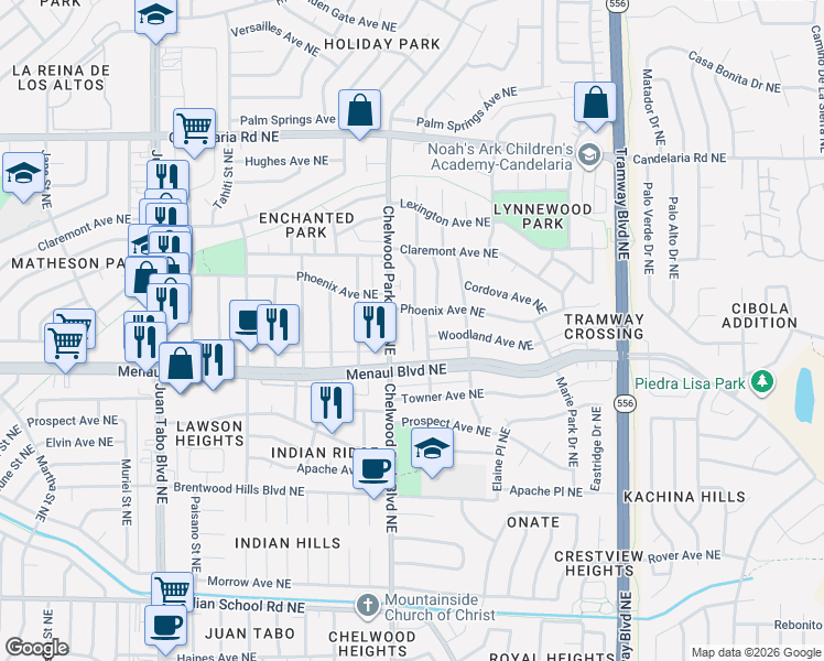 map of restaurants, bars, coffee shops, grocery stores, and more near 12008 Phoenix Avenue Northeast in Albuquerque