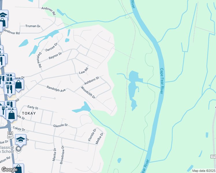 map of restaurants, bars, coffee shops, grocery stores, and more near 739 Buena Vista Drive in Fayetteville