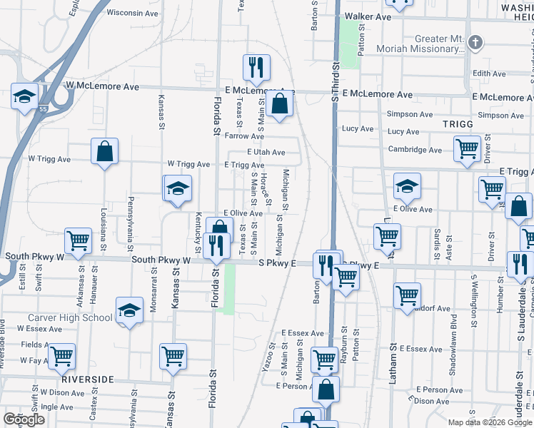 map of restaurants, bars, coffee shops, grocery stores, and more near 1350 South Main Street in Memphis