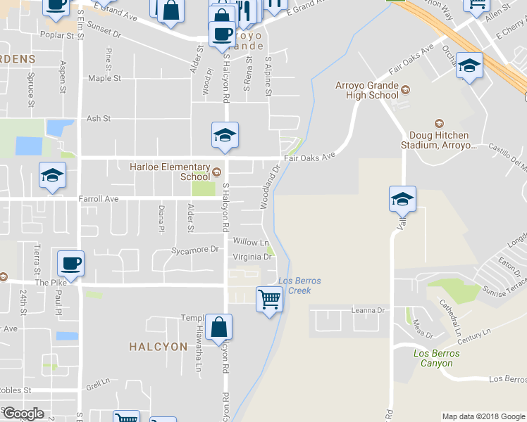 map of restaurants, bars, coffee shops, grocery stores, and more near 547 Woodland Drive in Arroyo Grande