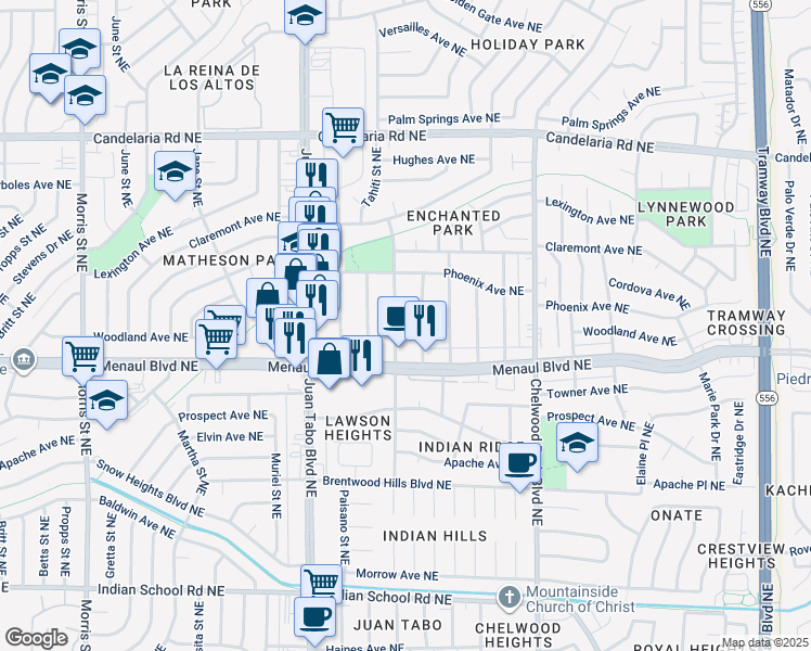 map of restaurants, bars, coffee shops, grocery stores, and more near 2428 Algodones Street Northeast in Albuquerque
