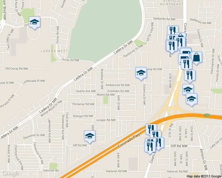 map of restaurants, bars, coffee shops, grocery stores, and more near 6604 Amberside Road Northwest in Albuquerque