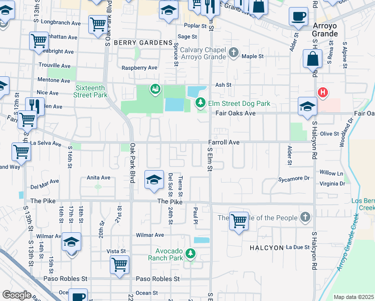 map of restaurants, bars, coffee shops, grocery stores, and more near 1211B Farroll Avenue in Arroyo Grande