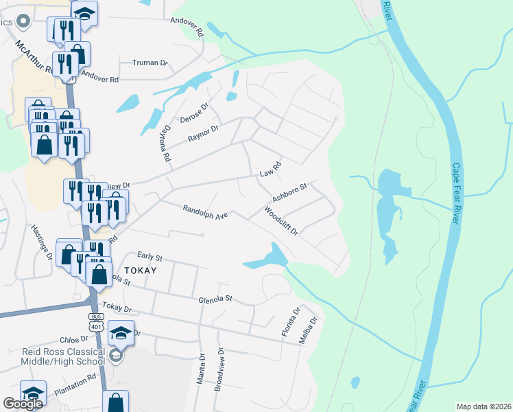 map of restaurants, bars, coffee shops, grocery stores, and more near 313 Myers Court in Fayetteville