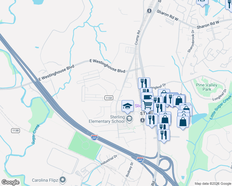map of restaurants, bars, coffee shops, grocery stores, and more near 9352 China Grove Church Road in Pineville