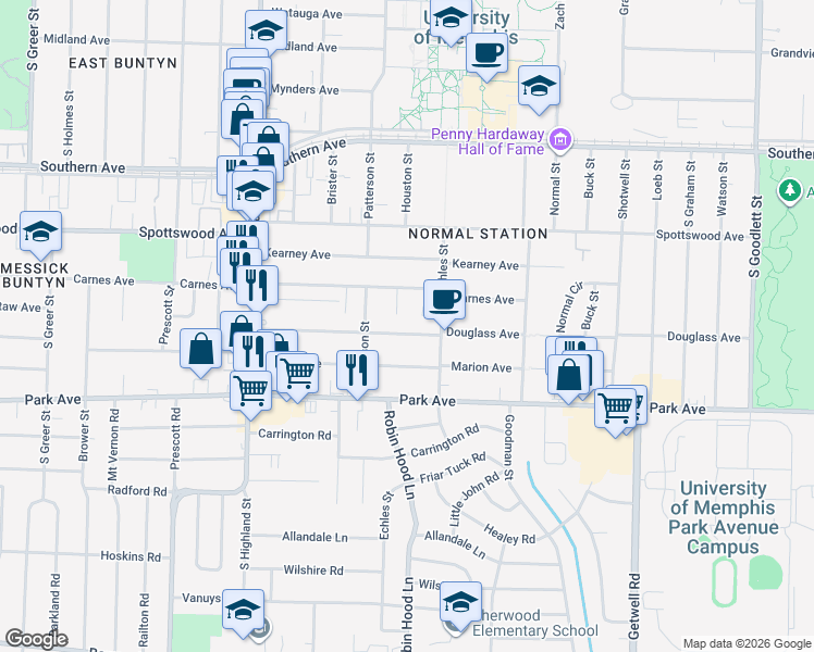 map of restaurants, bars, coffee shops, grocery stores, and more near 764 Houston Street in Memphis