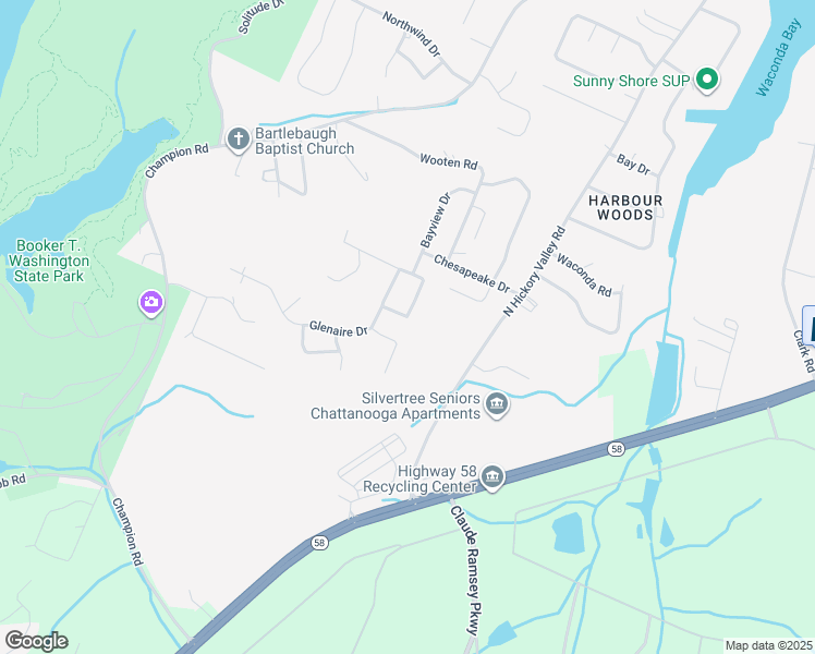 map of restaurants, bars, coffee shops, grocery stores, and more near 8834 Lake Crest Circle in Chattanooga