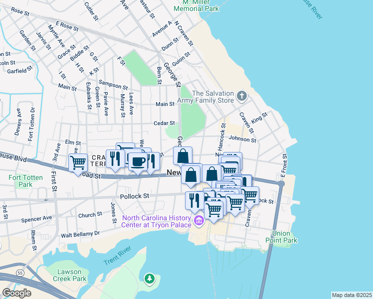 map of restaurants, bars, coffee shops, grocery stores, and more near 517 George Street in New Bern