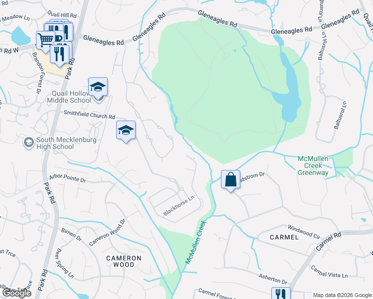 map of restaurants, bars, coffee shops, grocery stores, and more near 9514 Heydon Hall Circle in Charlotte