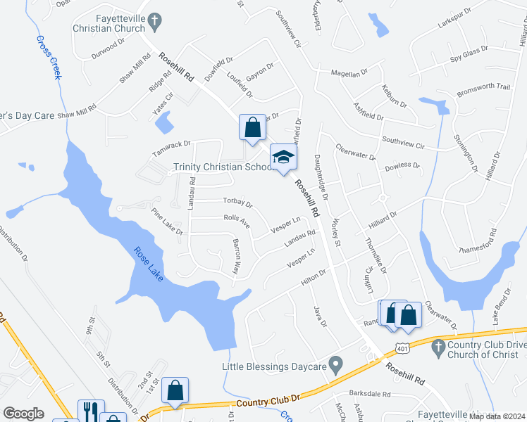 map of restaurants, bars, coffee shops, grocery stores, and more near 3512 Torbay Drive in Fayetteville