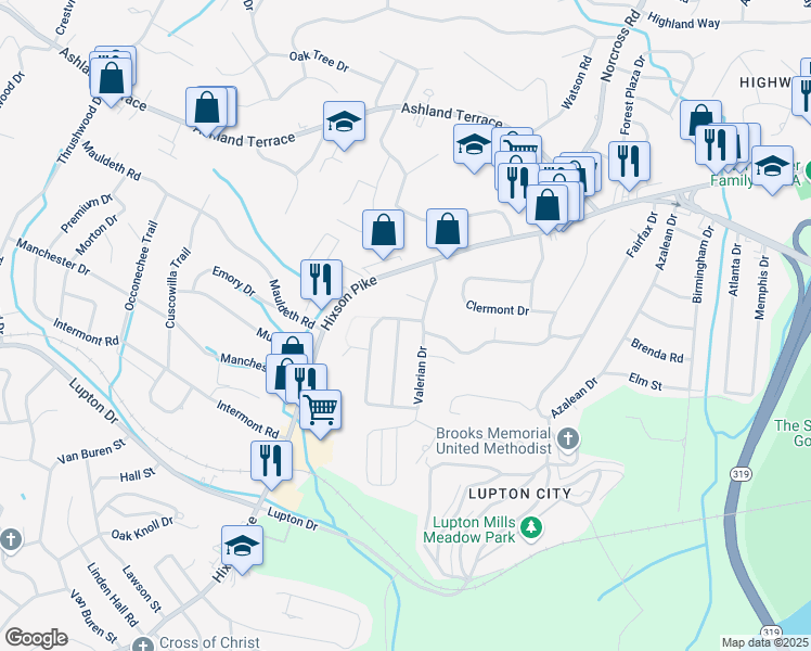 map of restaurants, bars, coffee shops, grocery stores, and more near 3905 West Fairfax Drive in Chattanooga