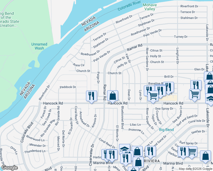 map of restaurants, bars, coffee shops, grocery stores, and more near 527 Ramar Road in Bullhead City