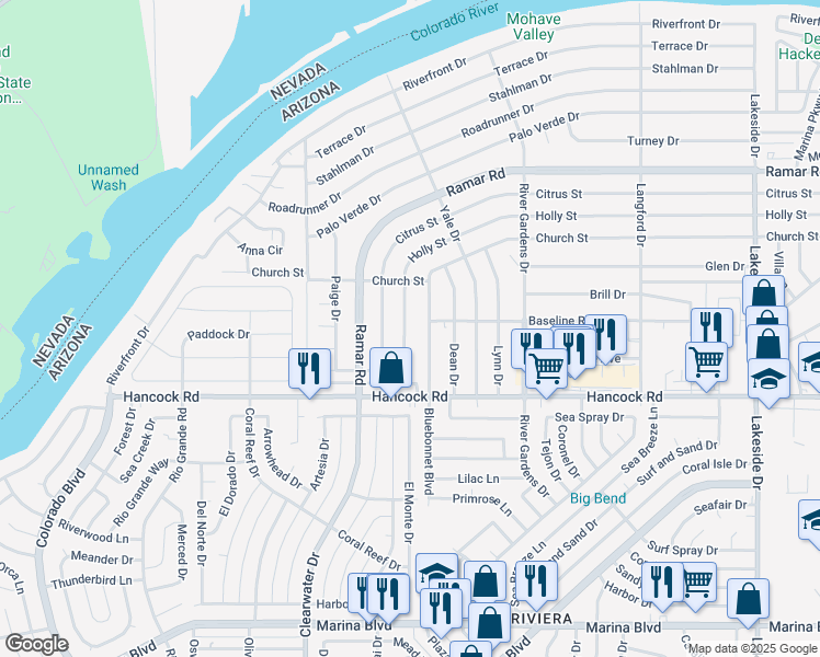 map of restaurants, bars, coffee shops, grocery stores, and more near 571 Holly Street in Bullhead City
