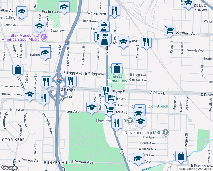 map of restaurants, bars, coffee shops, grocery stores, and more near 1342 Tennessee 3 in Memphis