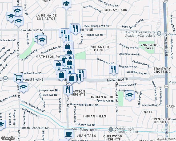 map of restaurants, bars, coffee shops, grocery stores, and more near 2428 Algodones Street Northeast in Albuquerque