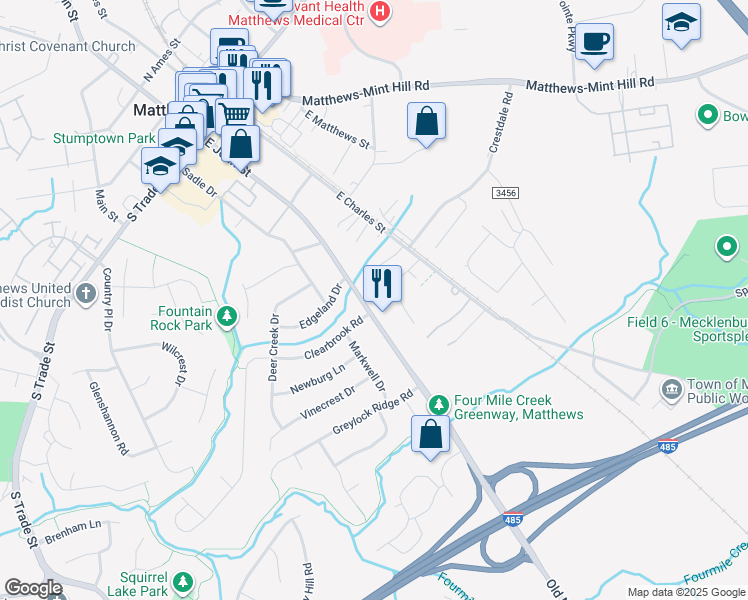 map of restaurants, bars, coffee shops, grocery stores, and more near 723 East John Street in Matthews