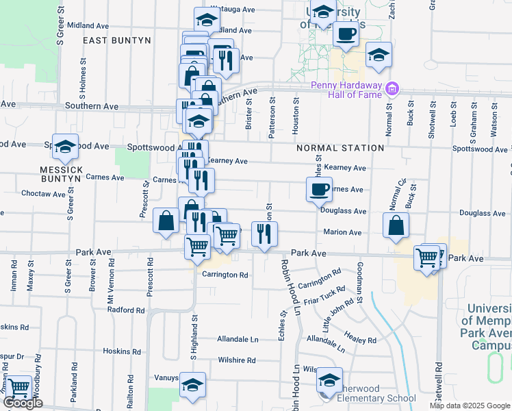 map of restaurants, bars, coffee shops, grocery stores, and more near 3604 Douglass Avenue in Memphis