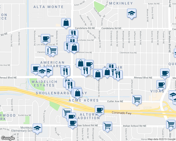 map of restaurants, bars, coffee shops, grocery stores, and more near 3821 Menaul Boulevard Northeast in Albuquerque