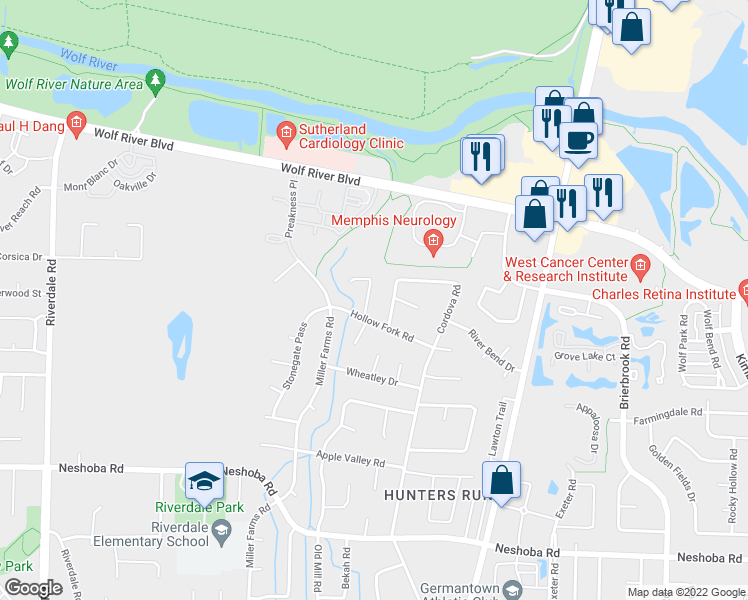 map of restaurants, bars, coffee shops, grocery stores, and more near 1426 Woodbend Road in Germantown