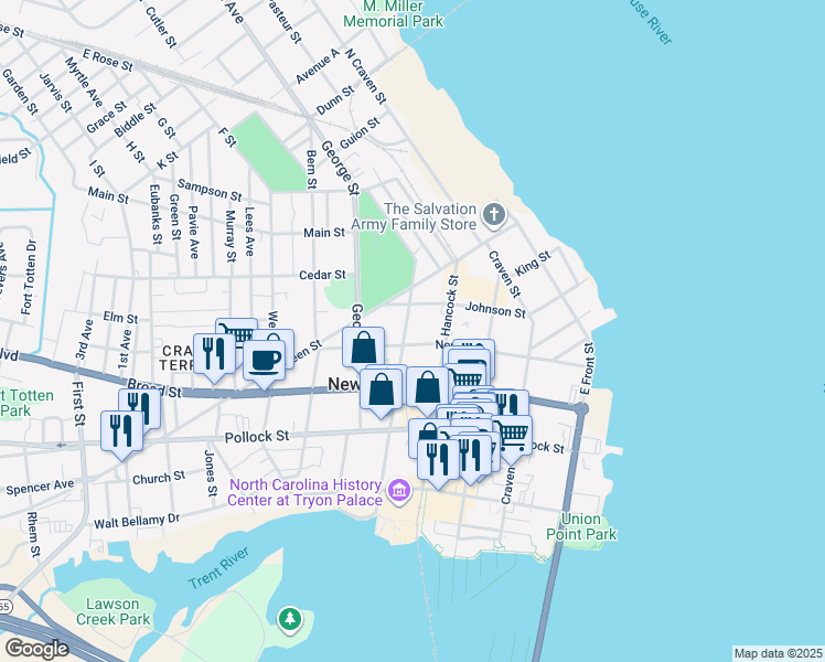 map of restaurants, bars, coffee shops, grocery stores, and more near 508 Metcalf Street in New Bern