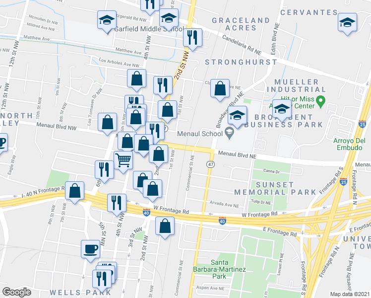 map of restaurants, bars, coffee shops, grocery stores, and more near 10 Menaul Boulevard Northeast in Albuquerque