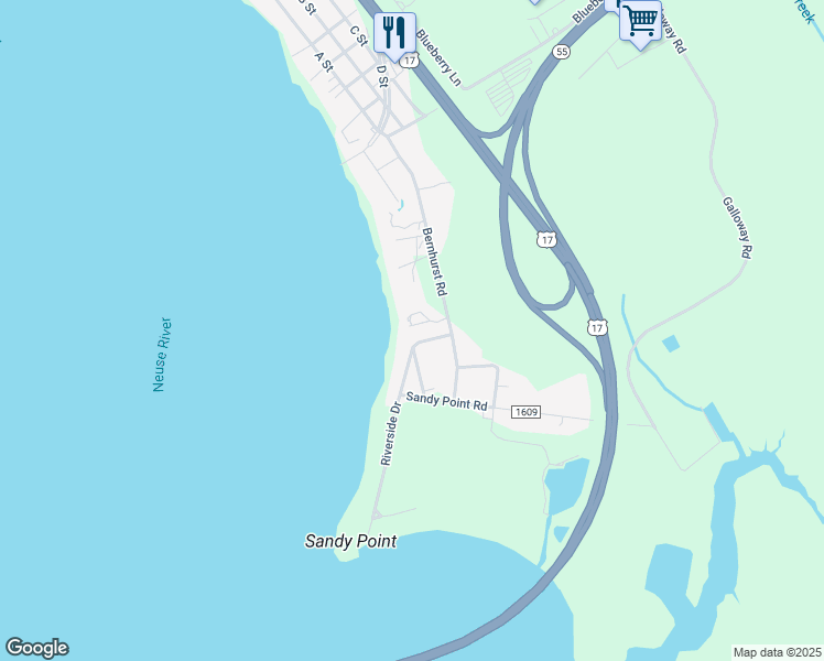 map of restaurants, bars, coffee shops, grocery stores, and more near 235 Bernhurst Road in New Bern