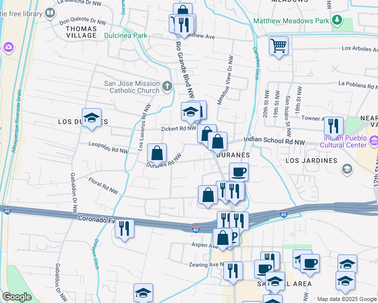 map of restaurants, bars, coffee shops, grocery stores, and more near 2430 Indian School Road Northwest in Albuquerque