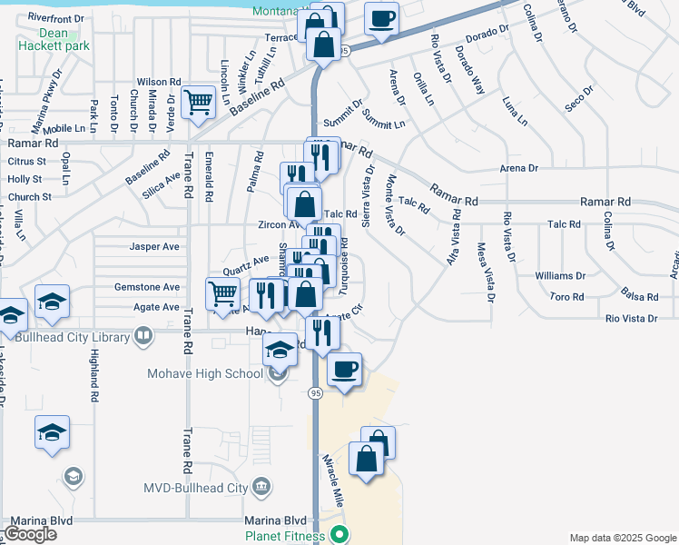 map of restaurants, bars, coffee shops, grocery stores, and more near 1669 Turquoise Road in Bullhead City