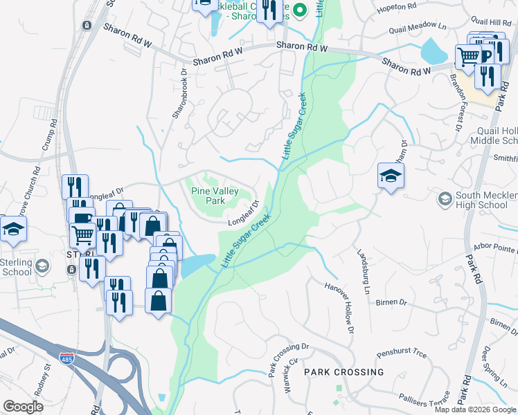 map of restaurants, bars, coffee shops, grocery stores, and more near 2113 Longleaf Drive in Charlotte
