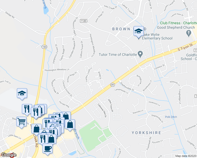 map of restaurants, bars, coffee shops, grocery stores, and more near 12934 Sickles Drive in Charlotte