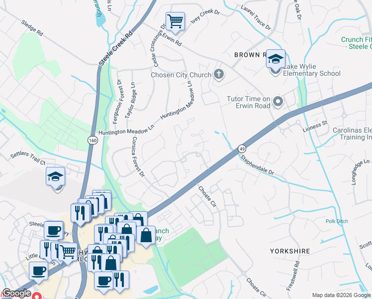 map of restaurants, bars, coffee shops, grocery stores, and more near 12934 Sickles Drive in Charlotte