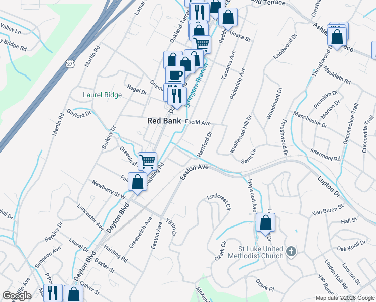 map of restaurants, bars, coffee shops, grocery stores, and more near 3412 Redding Road in Chattanooga